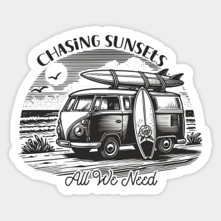 Chasing sunsets; summer; beach; ocean; surf; surfing; surfer; vintage; retro; sun; van; camper; van; surfboard; water; travel; travelling; vacation; holiday; sea; waves; Sticker